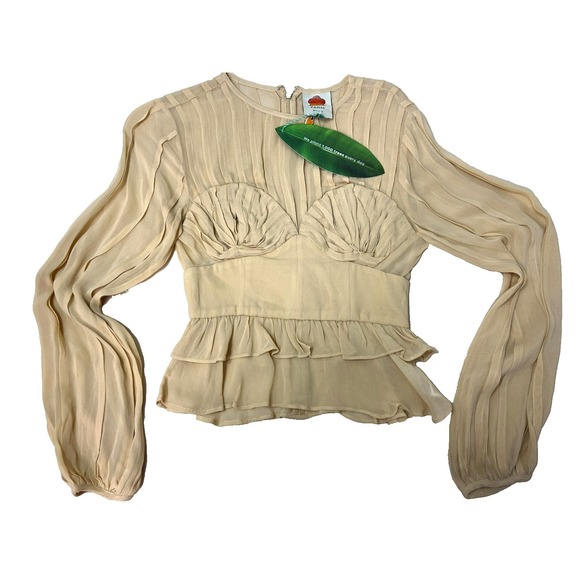 Farm Rio NWT Pleated Bust Peplum Blouse Beige Viscose Back Zip Long Sleeves S - Picture 4 of 13